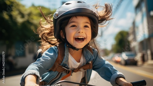 Cute little girl having fun by riding bicycle. Cute kid in safety helmet biking outdoors.