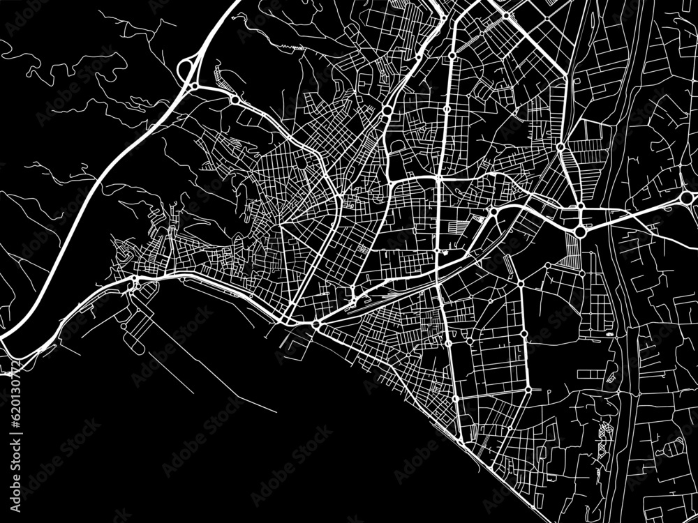 Vector road map of the city of  Almeria in Spain on a black background.