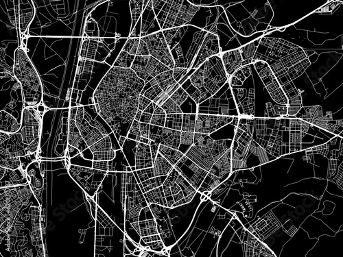 Vector road map of the city of  Seville in Spain on a black background.