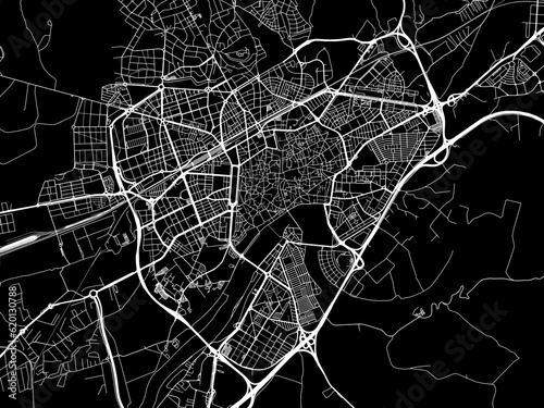 Vector road map of the city of  Cordoba in Spain on a black background.
