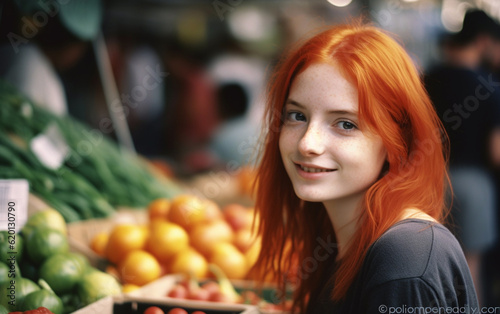 Portrait of a young, smiling woman with red hair and a farmers market in the background