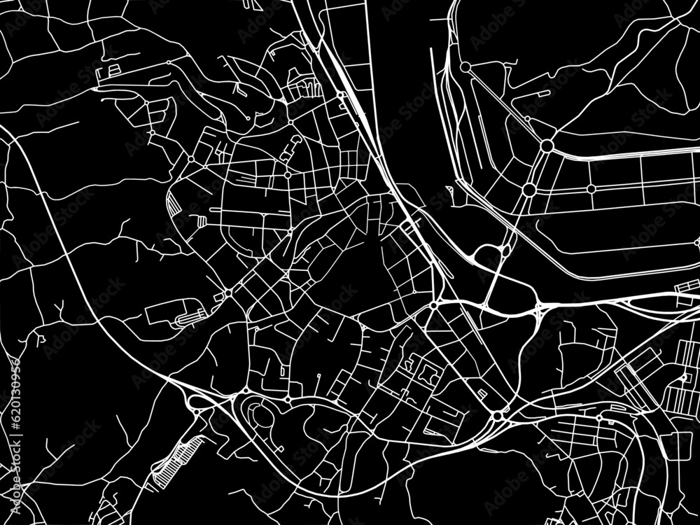 Vector road map of the city of  Aviles in Spain on a black background.