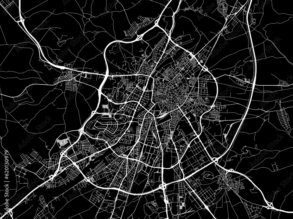 Vector road map of the city of  Valladolid in Spain on a black background.