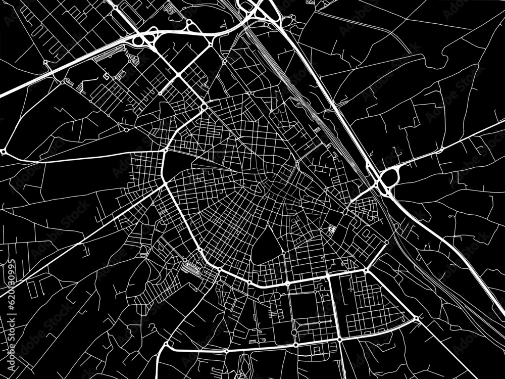 Vector road map of the city of  Albacete in Spain on a black background.