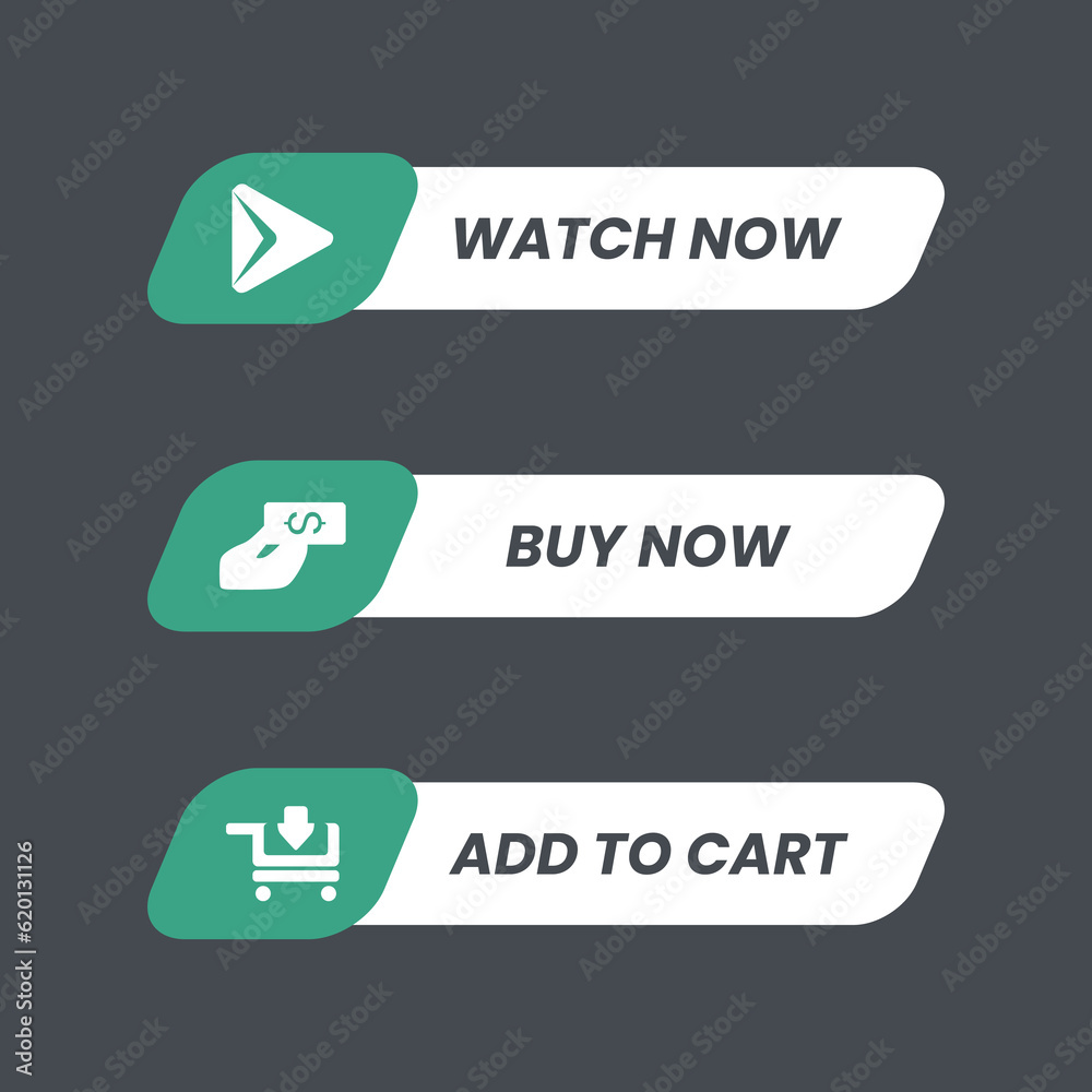 Call to action button collection for website and application, editable vector design element. Sets contain watch now, buy now, and add to cart button with unique icon in green and white color fill. Call to action button collection for website and application, editable vector design element. Sets contain watch now, buy now, and add to cart button with unique icon in green and white color fill.