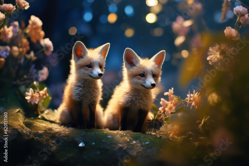 Two foxes with fluffy tails in the forest
