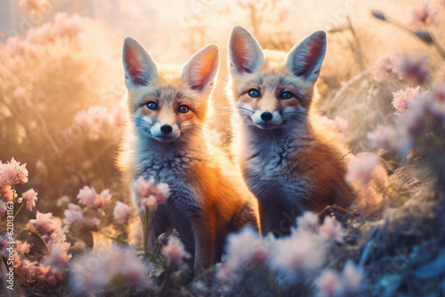 Two cute foxes with fluffy tails with pink flowers