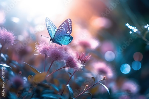 One blue butterfly with pink flowers  © tashechka