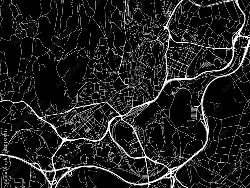 Vector road map of the city of  Santiago de Compostella in Spain on a black background.
