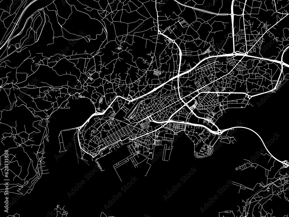 Obraz premium Vector road map of the city of Ferrol in Spain on a black background.