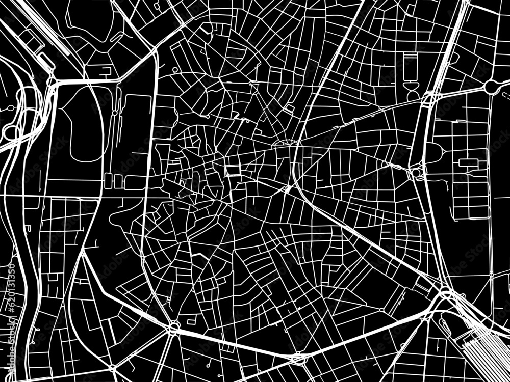 Vector road map of the city of  Madrid Centro in Spain on a black background.