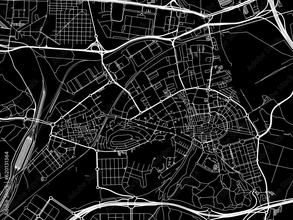 Vector road map of the city of  Coslada in Spain on a black background.