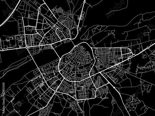 Vector road map of the city of  Badajoz in Spain on a black background.