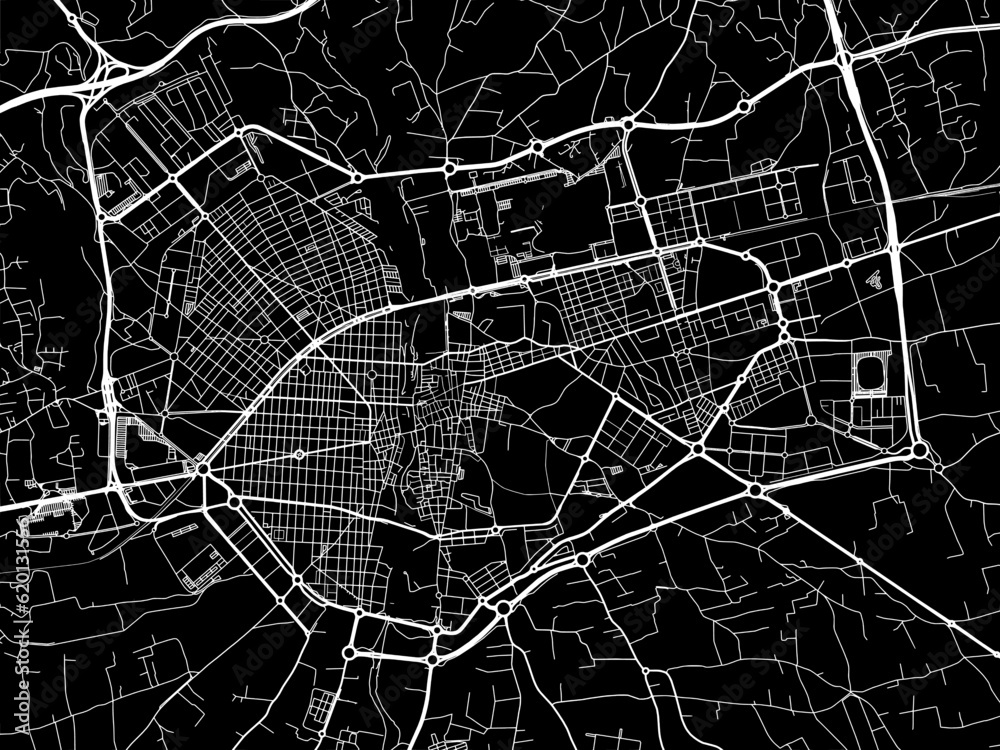 Vector road map of the city of  Elche in Spain on a black background.