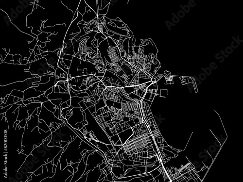 Vector road map of the city of  Melilla in Spain on a black background.