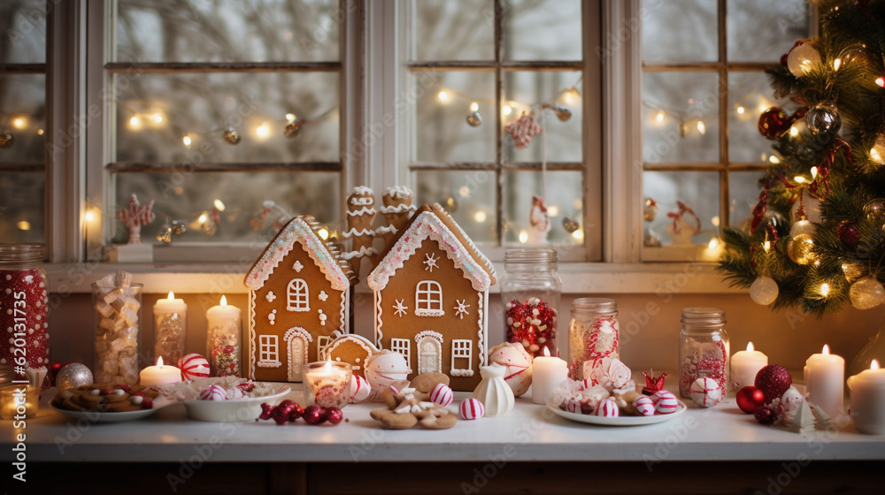 Christmas gingerbreads and gingerbread houses. Generative AI