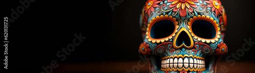 Vibrant Sugar Skull for Mexican Day of the Dead Celebration on dark background with copy space for your text or design banner