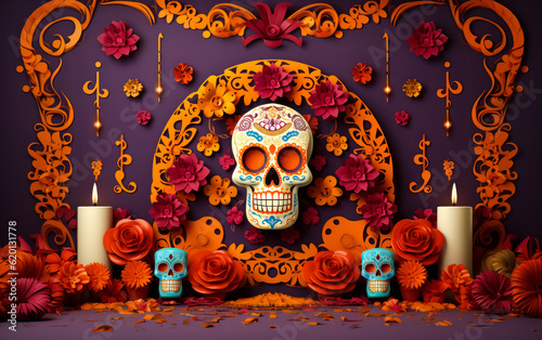 Cultural Artistry  3D Podium Stage with Mexican Craft Style Art Elements  3d podium stage with paper cut art elements craft style on background