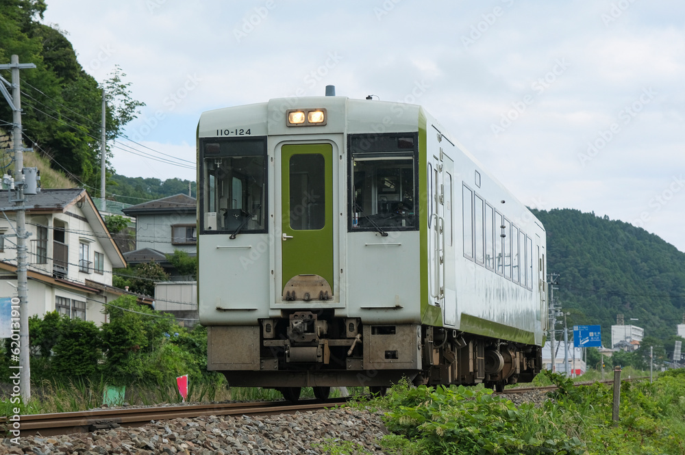 Fototapeta premium 震災から復興した町並みの中を走る気動車