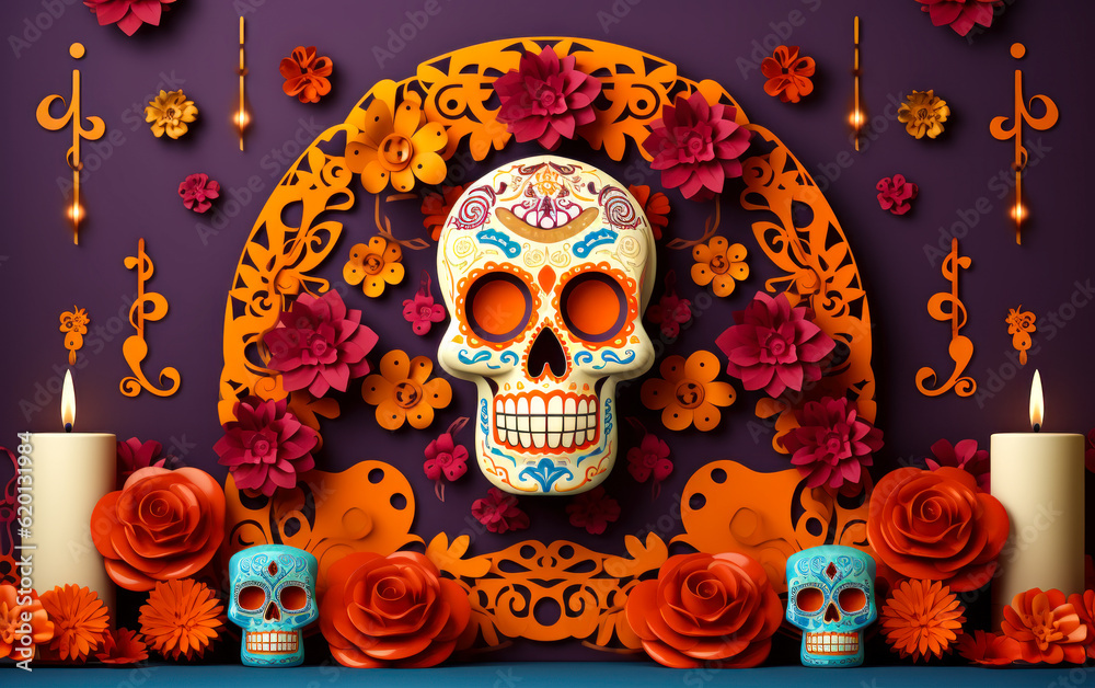 Festive Dia de los Muertos: Craft Style Product Podium Stage with Art Elements, square stage with paper cut art elements craft style on background Festive Dia de los Muertos: Craft Style Product Podium Stage with Art Elements, square stage with paper cut art elements craft style on background