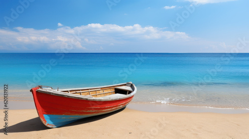 colorful small wooden fishing boat on beach. summer and vacation