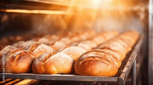 fresh bread in bakery oven photo