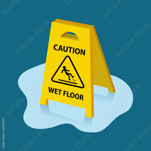 caution or beware, wet floor, slippery surface, puddle, vector illustration 