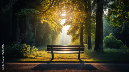 wooden bench on park near a forest with trees and beautiful light