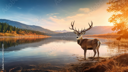 beautiful landscape with deer in lake in autumn