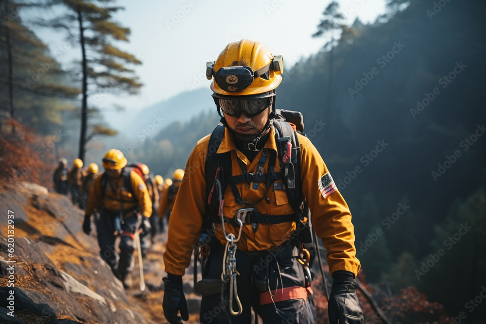 Mountain rescue team using ropes and harnesses to assist climbers, Rescue Service 911 Generative AI Mountain rescue team using ropes and harnesses to assist climbers, Rescue Service 911 Generative AI