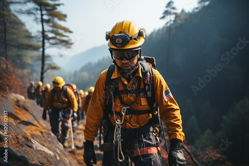 Mountain rescue team using ropes and harnesses to assist climbers, Rescue Service 911 Generative AI