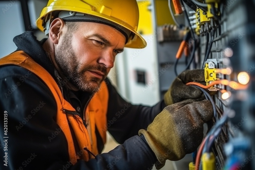 A portrait of a construction worker installing electrical wiring