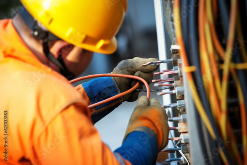 A portrait of a construction worker installing electrical wiring, holding wires and connecting them with precision, Labor Day photo