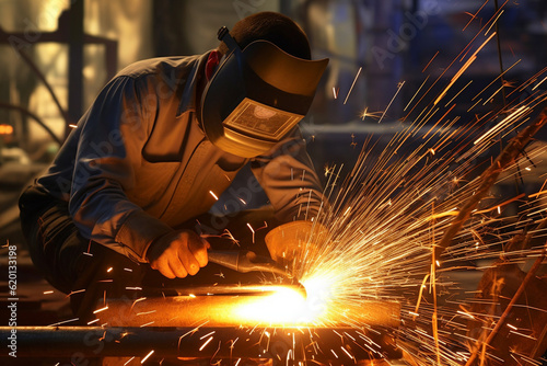 A construction worker holding a welding torch, creating sparks as they join pieces of metal together, Labor Day