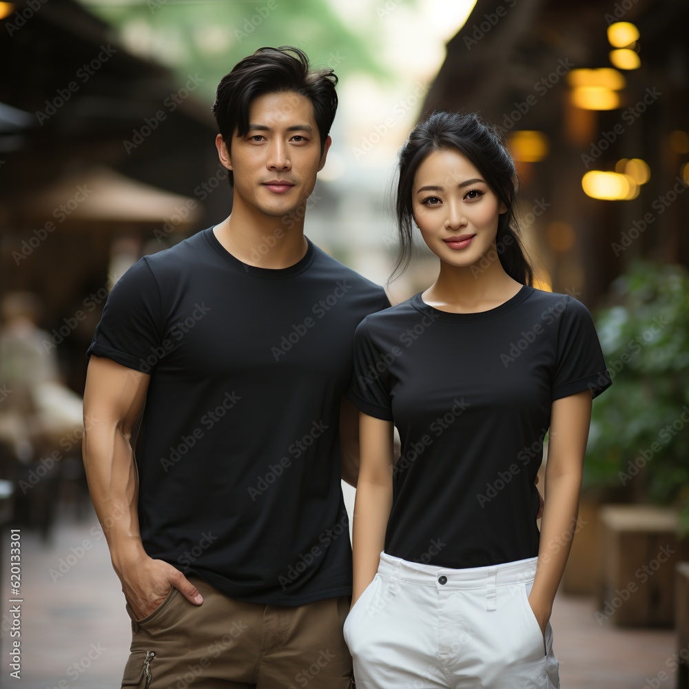 Fototapeta premium Illustration of a couple fashion portrait with plain t-shirt mockup, AI Generated