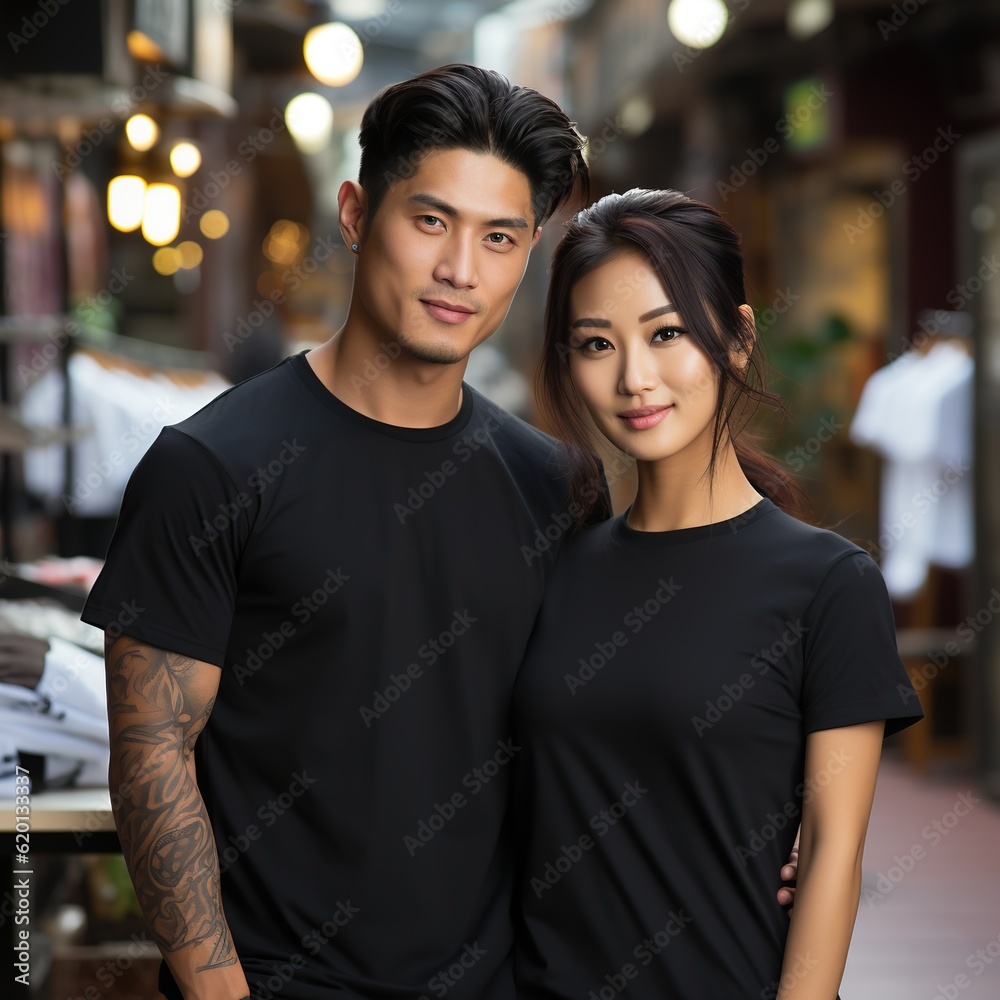 Illustration of a couple fashion portrait with plain t-shirt mockup, AI Generated Illustration of a couple fashion portrait with plain t-shirt mockup, AI Generated