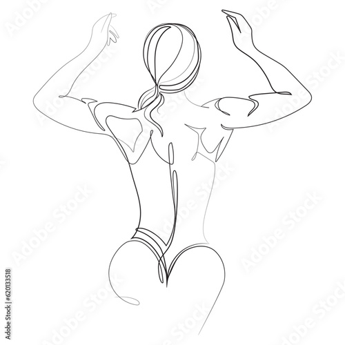 Athletic young woman showing muscles on her back and arms One line drawing.Woman silhouette bodybuilder,fitness girl minimalist sketch illustration.Fitness logo,poster,print,emblem design.Vector 
