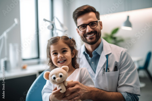 A portrait of a dentist doctor and a young patient, with the dentist playfully holding a tooth puppet, creating a friendly atmosphere Generative AI