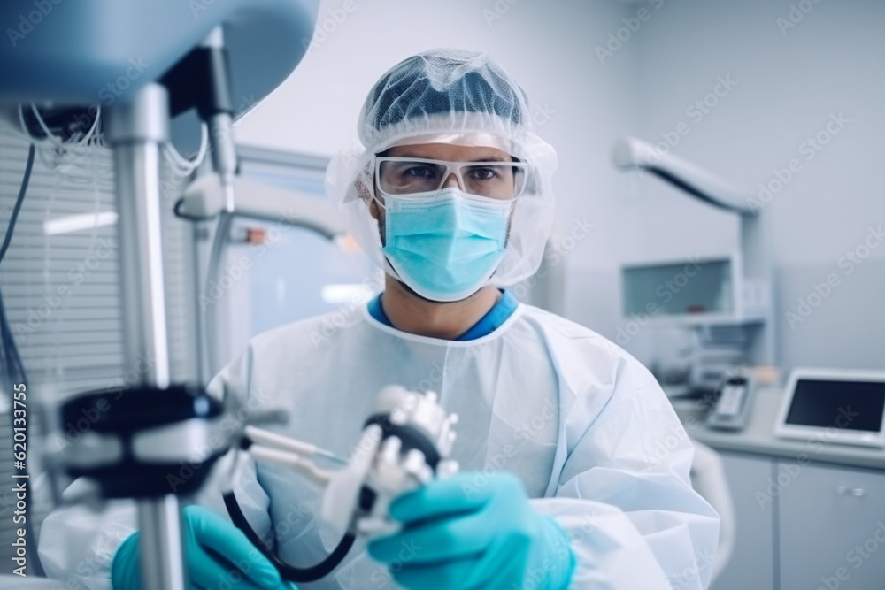 A dentist doctor wearing a face mask and protective eyewear, performing a dental procedure with precision Generative AI A dentist doctor wearing a face mask and protective eyewear, performing a dental procedure with precision Generative AI