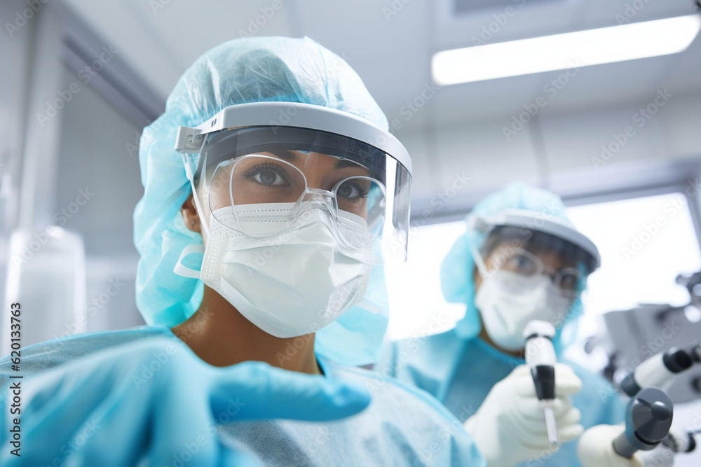 A portrait of a dentist doctor and a patient, both wearing protective goggles, during a teeth cleaning session Generative AI A portrait of a dentist doctor and a patient, both wearing protective goggles, during a teeth cleaning session Generative AI