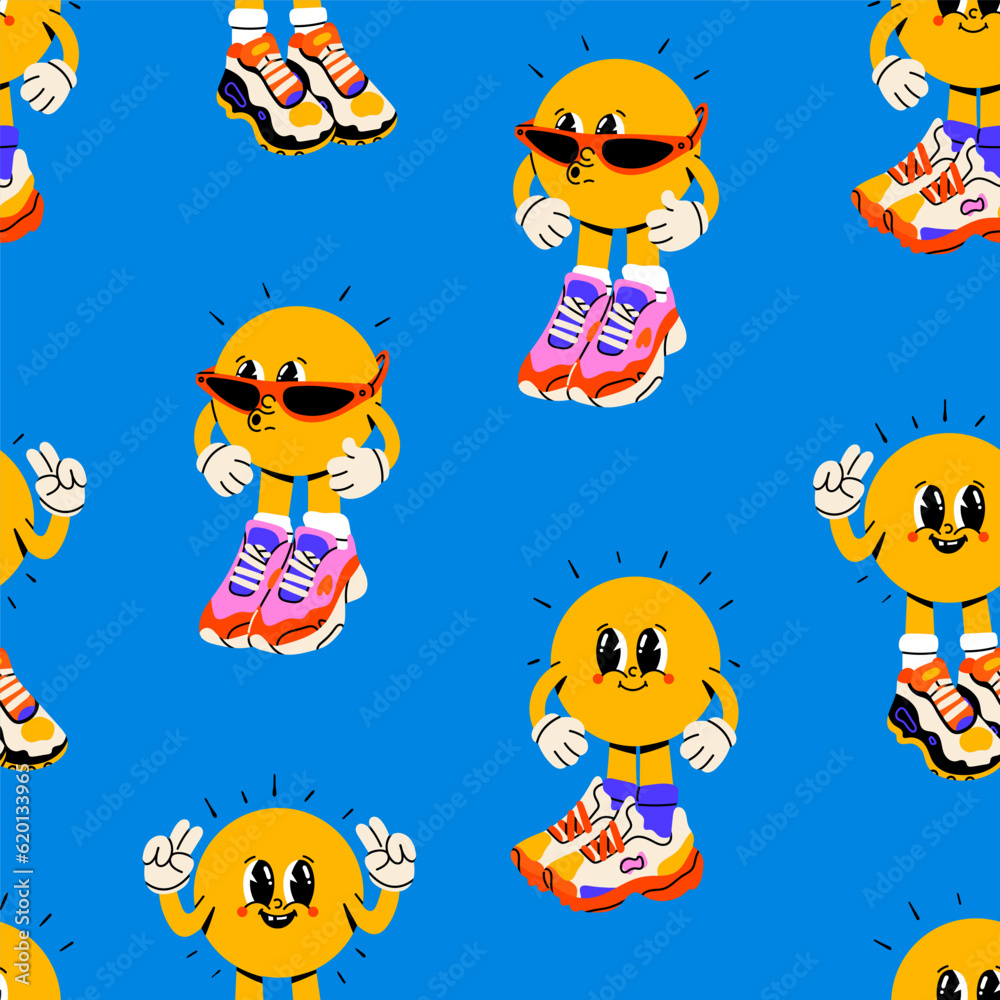 Sun with eyes, hands and legs. Funny cartoon characters wearing big sneakers, cool stylish shoes, socks. Hand drawn trendy Vector illustration. Square seamless Pattern