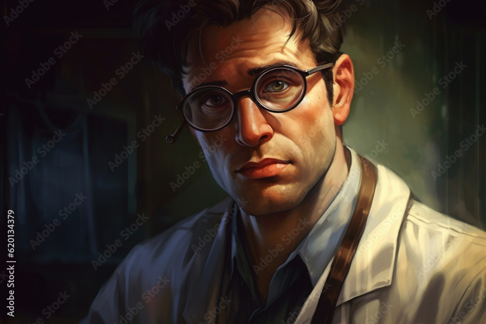 A close-up of a doctor's face, wearing glasses, exemplifying their intellect and knowledge in the medical field Generative AI