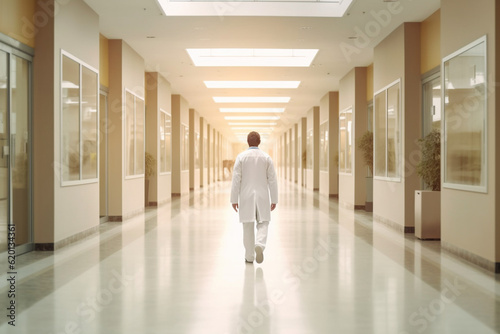 A doctor in a clinic or hospital hallway, walking confidently with purpose, symbolizing their dedication and commitment to healthcare Generative AI