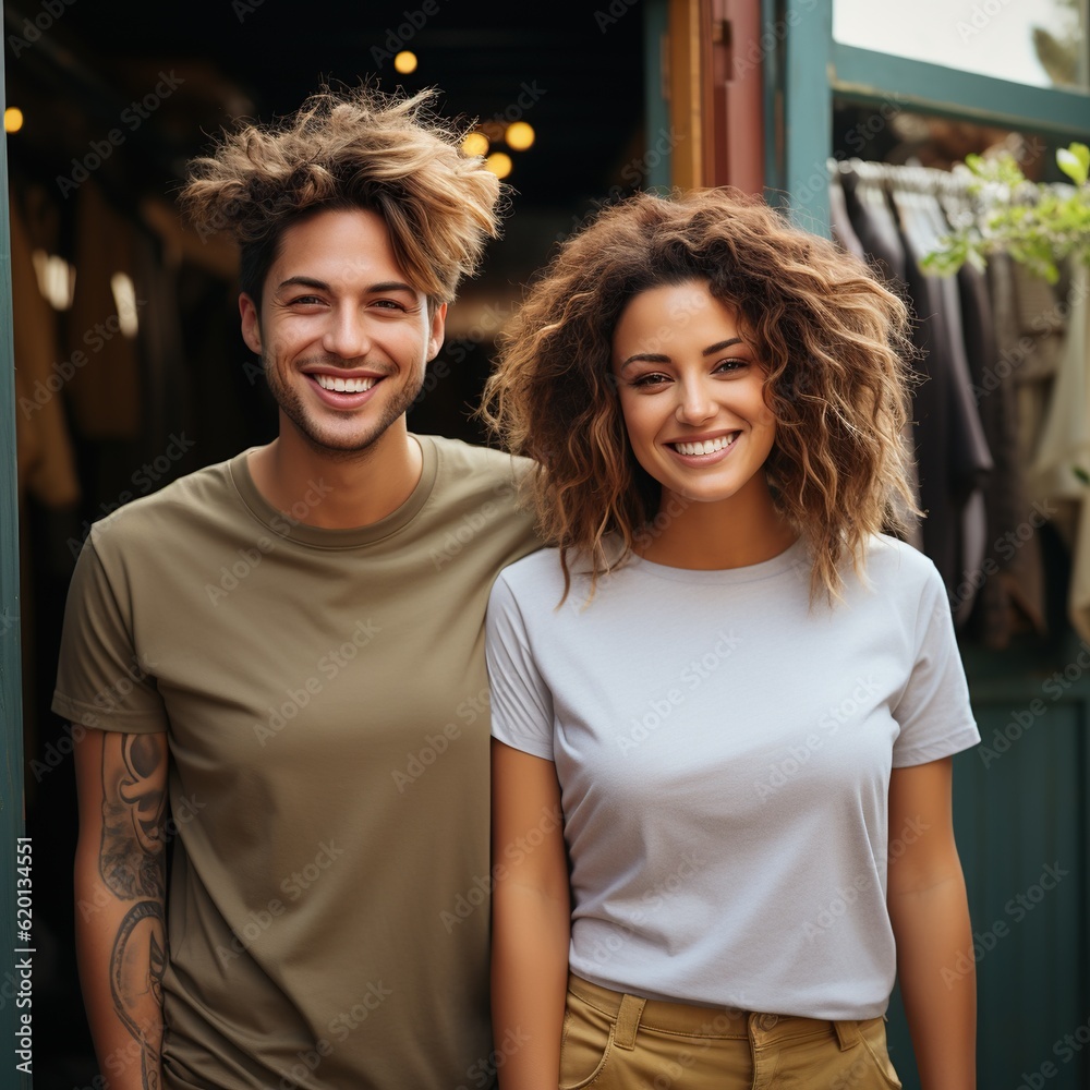 Illustration of a couple fashion portrait with plain t-shirt mockup, AI Generated Illustration of a couple fashion portrait with plain t-shirt mockup, AI Generated