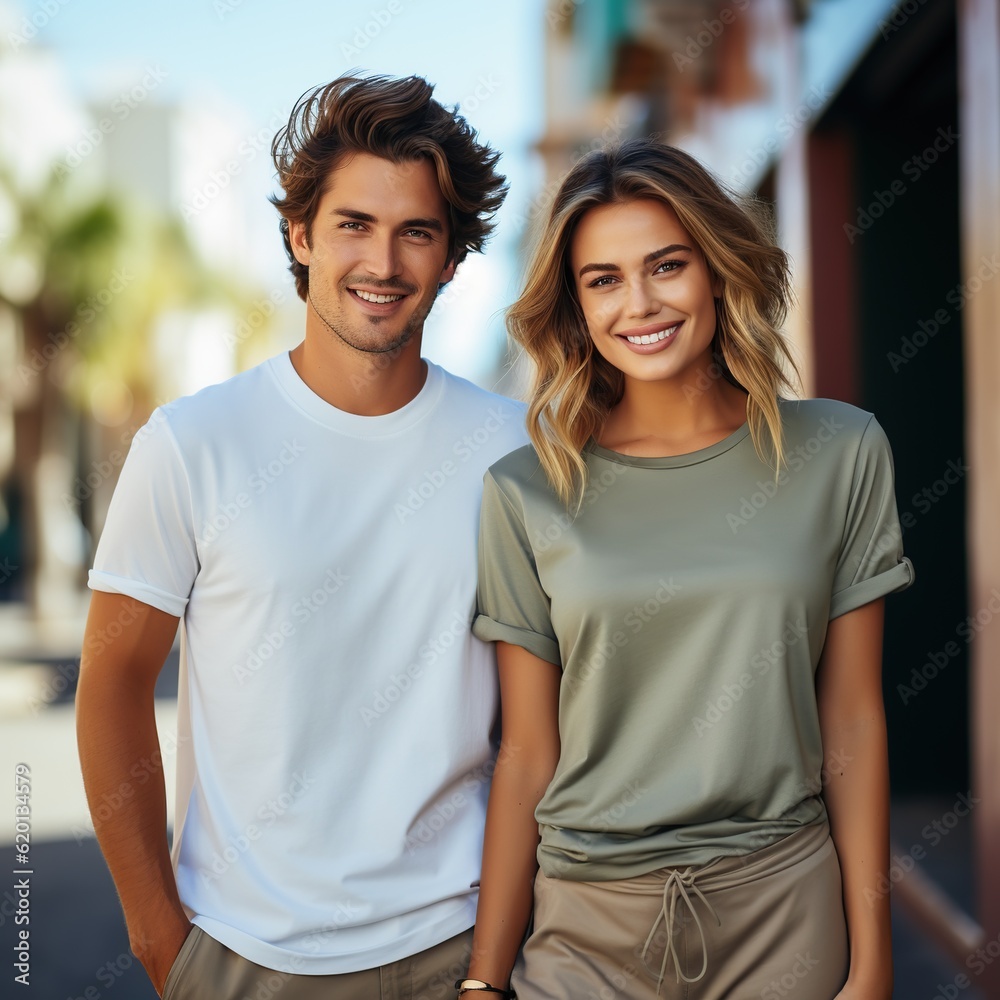 Illustration of a couple fashion portrait with plain t-shirt mockup, AI Generated Illustration of a couple fashion portrait with plain t-shirt mockup, AI Generated
