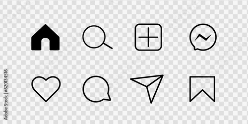 Like, comment, send, save, home, notification on transparent background. Icon UI set. Social media interface isolated buttons app. Line symbols of black. Vector illustration.