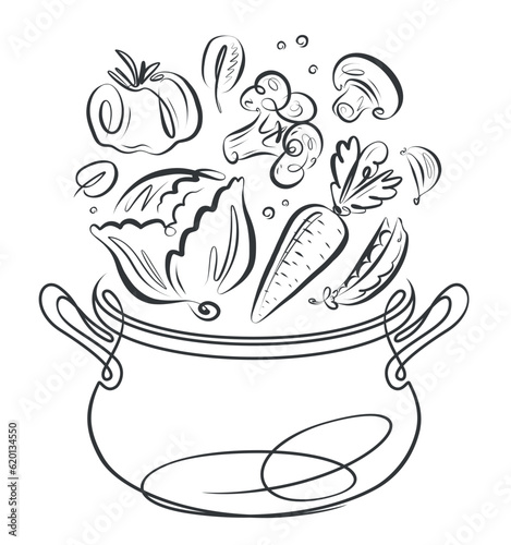 Fresh ingredients and kitchen pan. Food preparation. Vegetables and spices. Cooking concept vector illustration