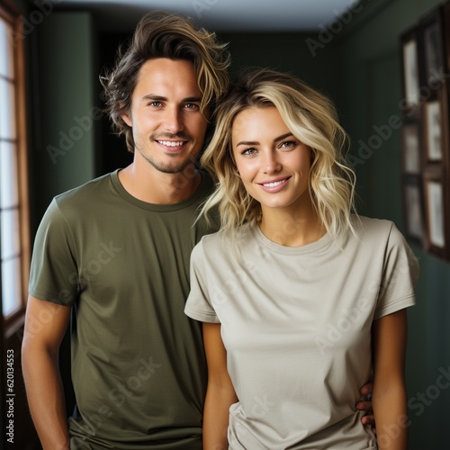 Illustration of a couple fashion portrait with plain t-shirt mockup, AI Generated
