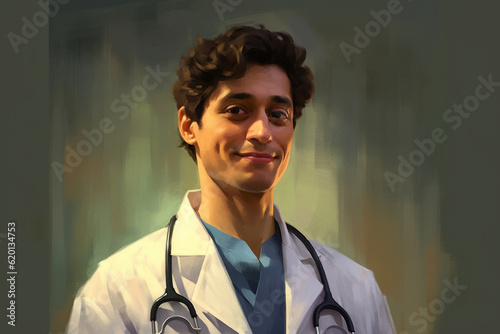 A portrait of a doctor in a white coat, with a stethoscope draped around their neck and a reassuring smile Generative AI