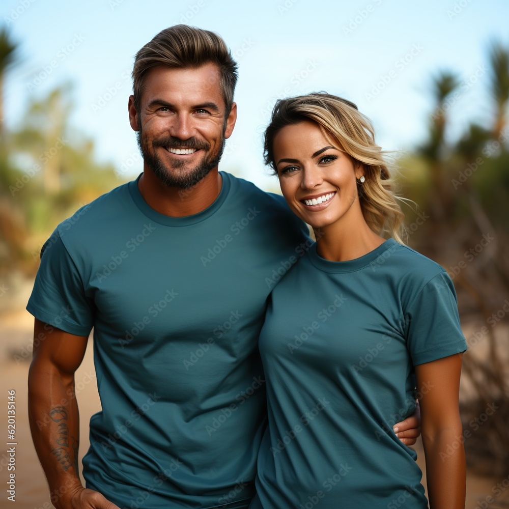 Illustration of a couple fashion portrait with plain t-shirt mockup, AI Generated Illustration of a couple fashion portrait with plain t-shirt mockup, AI Generated